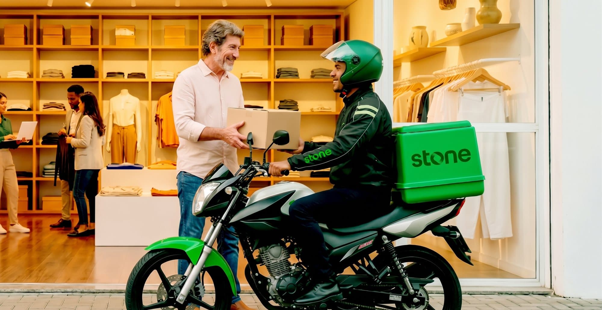 Entregador Stone Entrega coletando um pedido na porta de uma loja